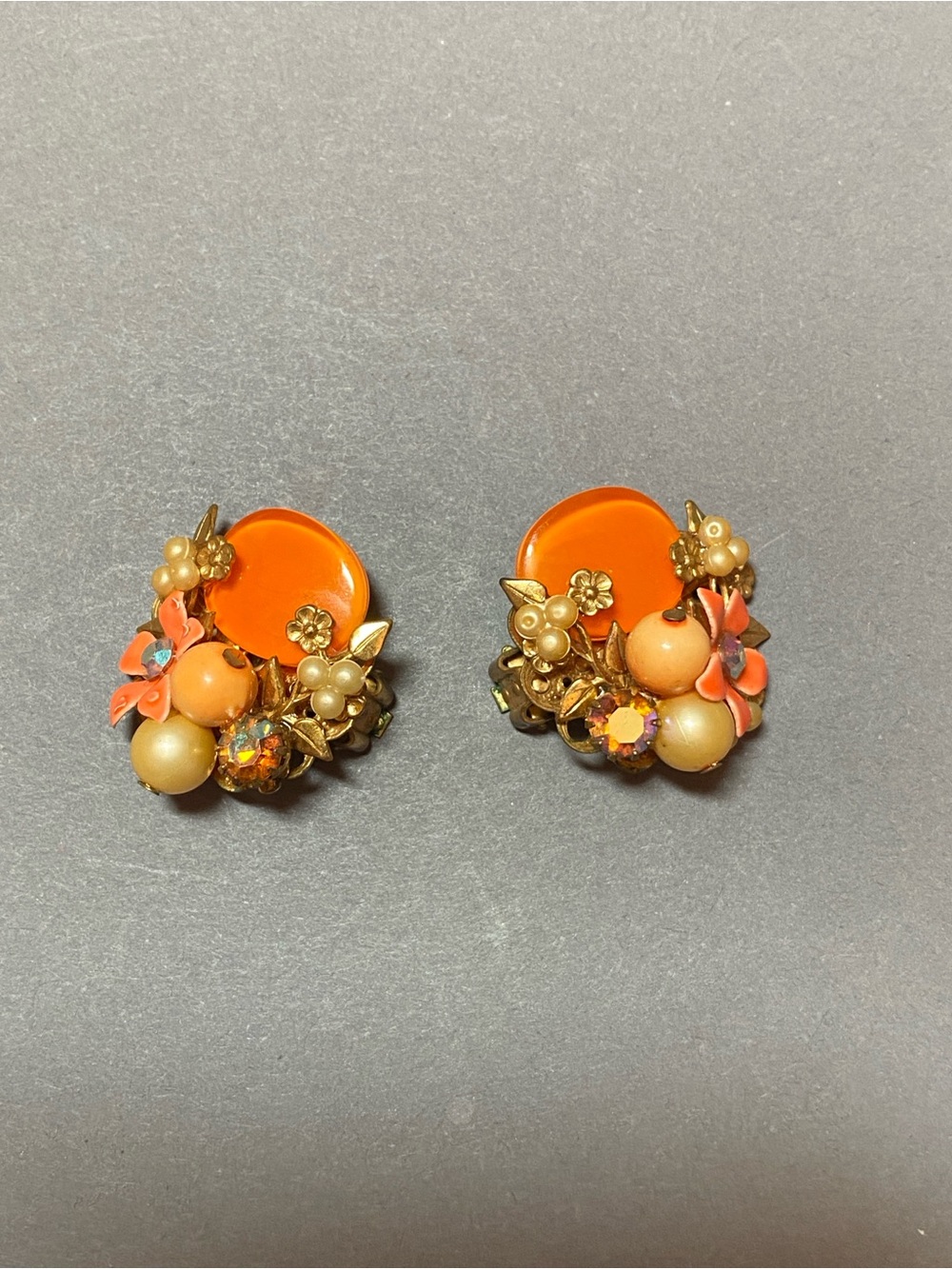 Vintage orange faux pear rhinestone cluster clip earrings